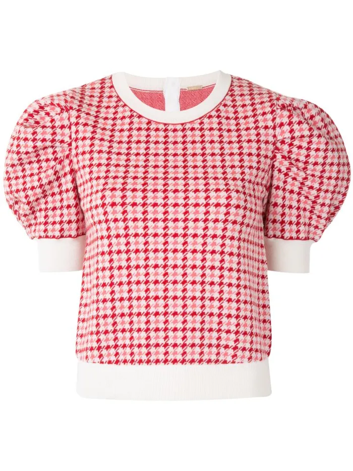 Adam Lippes Sweaters Puff Sleeve Sweater In Merino Jacquard Houndstooth Multi Pink 8211 Women