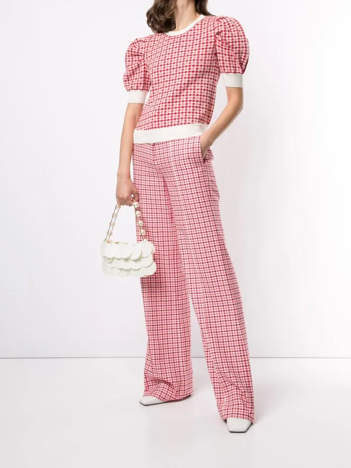 Adam Lippes Sweaters Puff Sleeve Sweater In Merino Jacquard Houndstooth Multi Pink 8211 Women