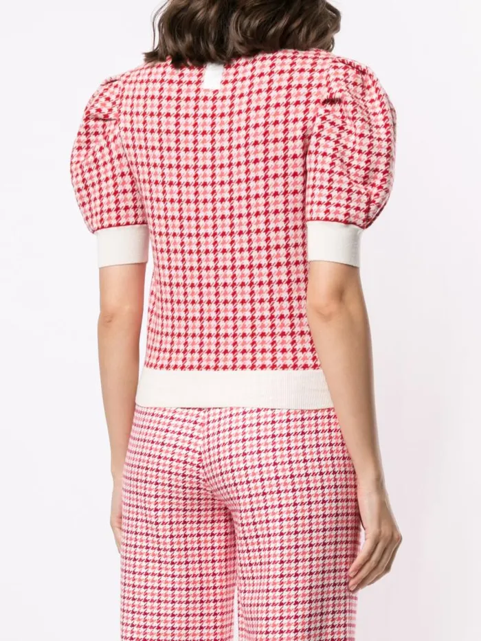 Adam Lippes Sweaters Puff Sleeve Sweater In Merino Jacquard Houndstooth Multi Pink 8211 Women