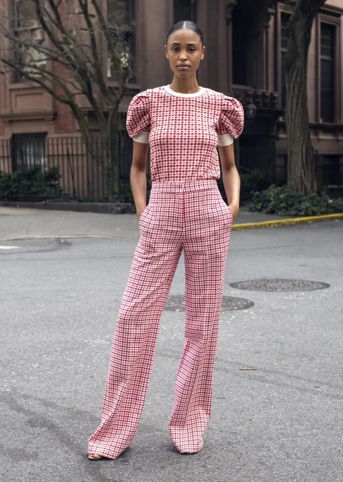 Adam Lippes Sweaters Puff Sleeve Sweater In Merino Jacquard Houndstooth Multi Pink 8211 Women
