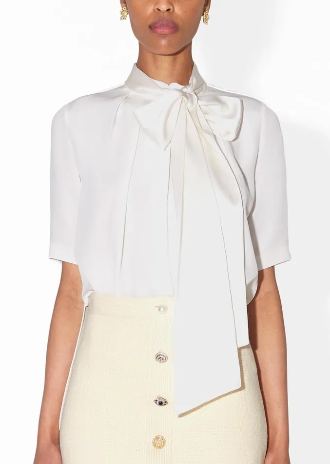 Adam Lippes Tops Pleat Neck Blouse In Silk Crepe Ivory 8211 Women