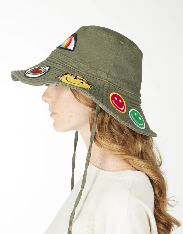 Adina Bucket Hat W Happy Hippie Patches Military Women039s Lauren Moshi Hats Adina Bucket Hat W Happy Hippie Patches Military Women039s Lauren Moshi Hats
