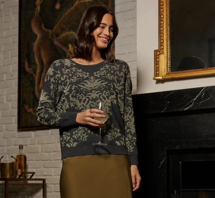 Adrianna Papell Coord Sets Drop Shoulder Metallic Knit Sweater In Slate Grey Gold 8211 Women