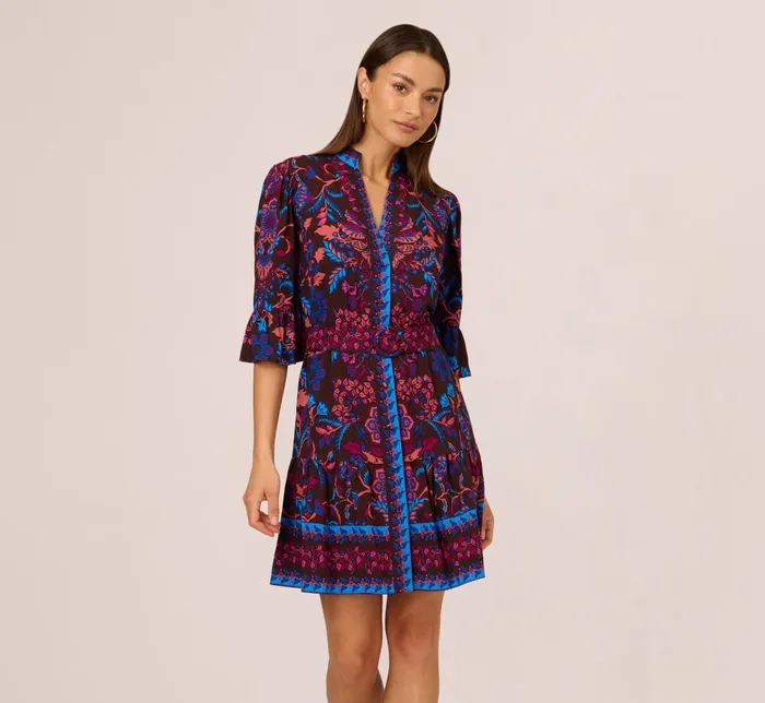 Adrianna Papell Day Dresses Abstract Print Button Down Dress With Three Quarter Bell Sleeves In Brown Multi 8211 Women Adrianna Papell Day Dresses Abstract Print Button Down Dress With Three Quarter Bell Sleeves In Brown Multi 8211 Women
