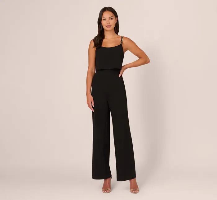 Adrianna Papell Day Dresses Crepe Popover Jumpsuit With Chain Straps In Black 8211 Women Adrianna Papell Day Dresses Crepe Popover Jumpsuit With Chain Straps In Black 8211 Women