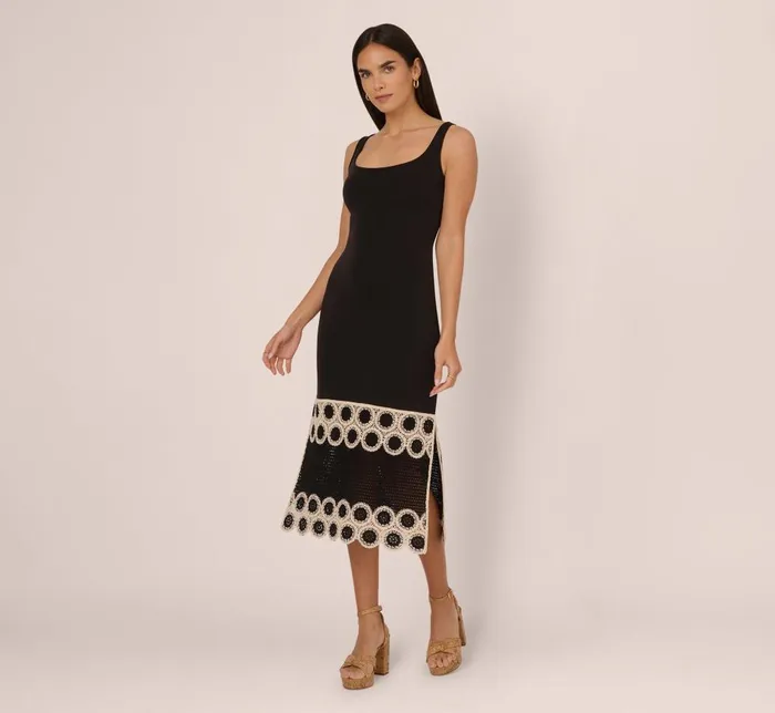 Adrianna Papell Day Dresses Crochet Trimmed Sheath Midi Dress With Tank Straps In Black Ecru 8211 Women Adrianna Papell Day Dresses Crochet Trimmed Sheath Midi Dress With Tank Straps In Black Ecru 8211 Women