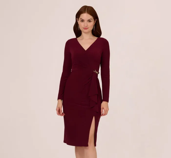Adrianna Papell Day Dresses Long Sleeve Draped Jersey Dress With Chain Trim In Blackened Red 8211 Women Adrianna Papell Day Dresses Long Sleeve Draped Jersey Dress With Chain Trim In Blackened Red 8211 Women