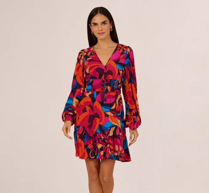 Adrianna Papell Day Dresses Retro Floral Print Shirred Dress With Long Bishop Sleeves In Berry Multi 8211 Women Adrianna Papell Day Dresses Retro Floral Print Shirred Dress With Long Bishop Sleeves In Berry Multi 8211 Women