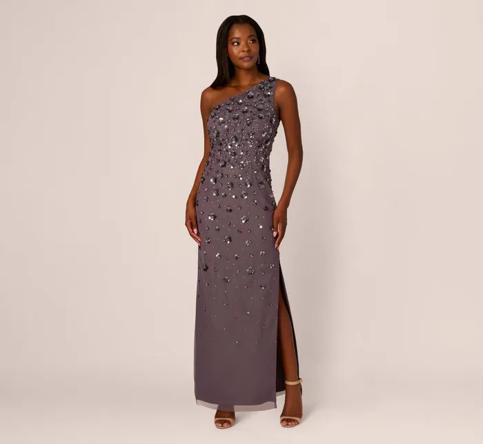 Adrianna Papell Formal Dresses 3d Floral HandBeaded OneShoulder Long Column Gown In Moonscape 8211 Women Adrianna Papell Formal Dresses 3d Floral HandBeaded OneShoulder Long Column Gown In Moonscape 8211 Women