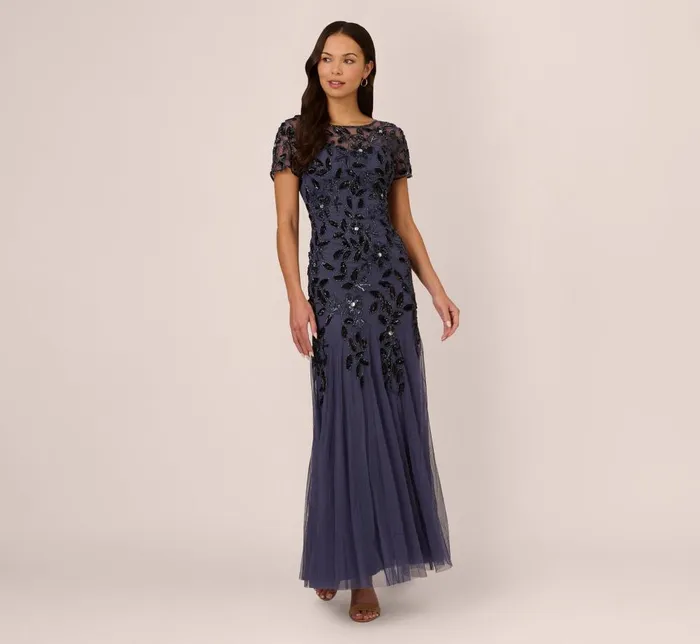 Adrianna Papell Formal Dresses Hand Beaded Short Sleeve Floral Godet Gown In Smoky Peri 8211 Women Adrianna Papell Formal Dresses Hand Beaded Short Sleeve Floral Godet Gown In Smoky Peri 8211 Women