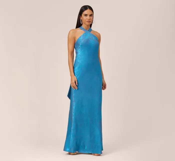 Adrianna Papell Formal Dresses Metallic Chiffon Halter Gown In Ocean Dream 8211 Women
