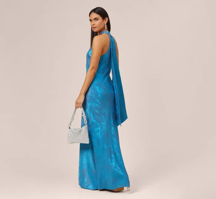 Adrianna Papell Formal Dresses Metallic Chiffon Halter Gown In Ocean Dream 8211 Women
