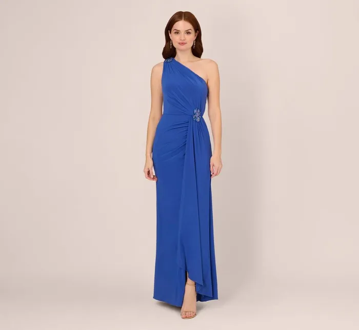 Adrianna Papell Formal Dresses One Shoulder Draped Jersey Gown With Floral Sequin Accents In Brilliant Sapphire 8211 Women Adrianna Papell Formal Dresses One Shoulder Draped Jersey Gown With Floral Sequin Accents In Brilliant Sapphire 8211 Women
