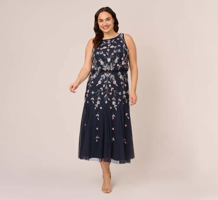 Adrianna Papell Formal Dresses Plus Size Floral Beaded Blouson Tea Length Dress In Navy Blush 8211 Women Adrianna Papell Formal Dresses Plus Size Floral Beaded Blouson Tea Length Dress In Navy Blush 8211 Women