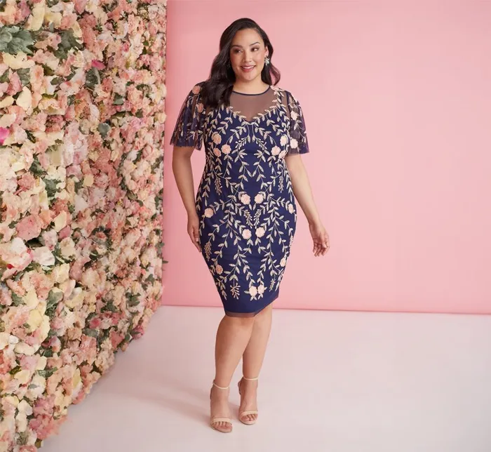 Adrianna Papell Formal Dresses Plus Size Floral Beaded Dress With Sheer Flutter Sleeves In Navy Blush 8211 Women Adrianna Papell Formal Dresses Plus Size Floral Beaded Dress With Sheer Flutter Sleeves In Navy Blush 8211 Women