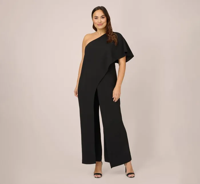 Adrianna Papell Formal Dresses Plus Size Flutter One Shoulder Jumpsuit In Black 8211 Women Adrianna Papell Formal Dresses Plus Size Flutter One Shoulder Jumpsuit In Black 8211 Women