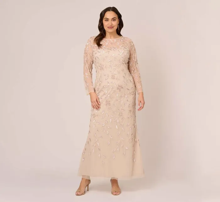 Adrianna Papell Formal Dresses Plus Size Illusion Floral Beaded Gown With Sheer Long Sleeves In Latte 8211 Women Adrianna Papell Formal Dresses Plus Size Illusion Floral Beaded Gown With Sheer Long Sleeves In Latte 8211 Women