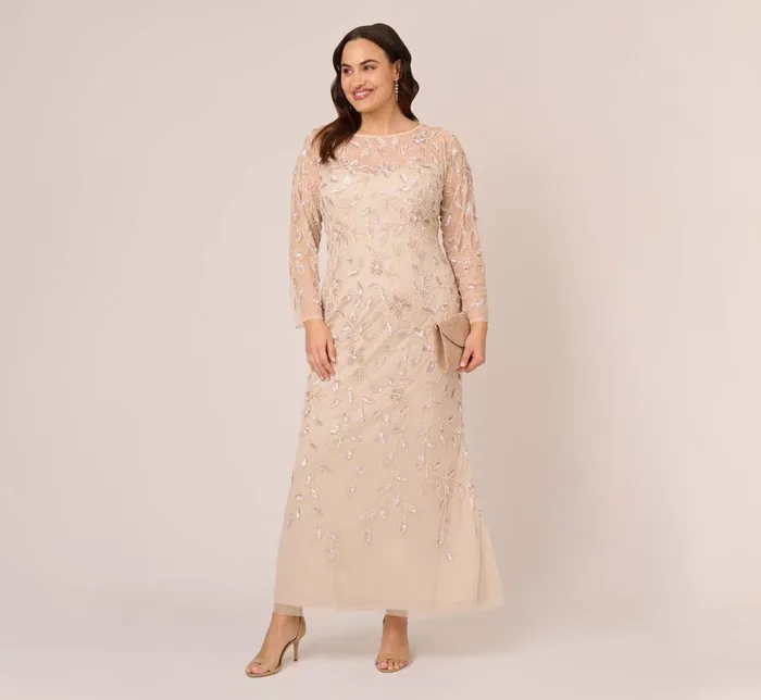 Adrianna Papell Formal Dresses Plus Size Illusion Floral Beaded Gown With Sheer Long Sleeves In Latte 8211 Women