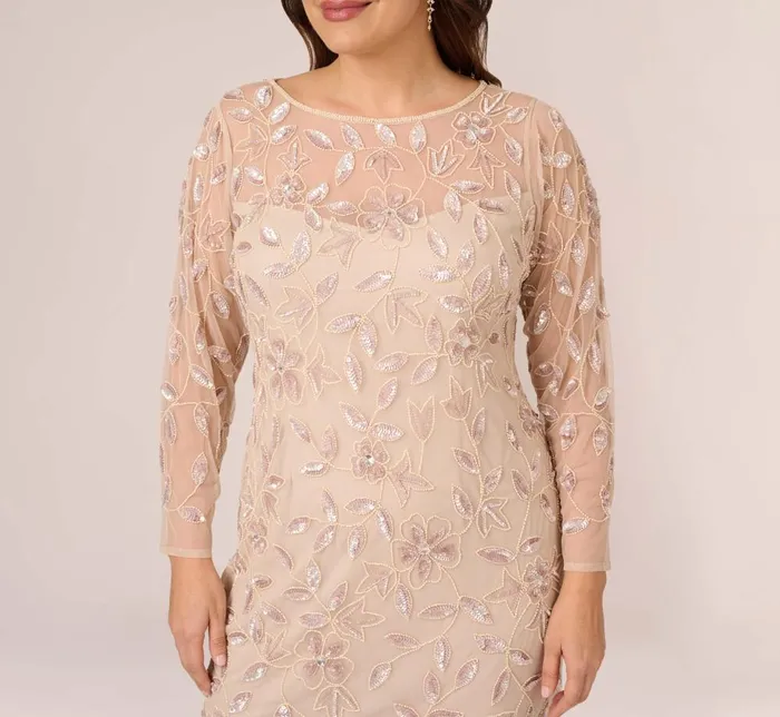 Adrianna Papell Formal Dresses Plus Size Illusion Floral Beaded Gown With Sheer Long Sleeves In Latte 8211 Women