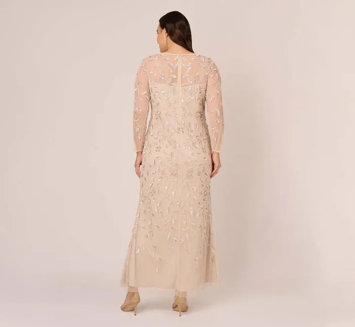 Adrianna Papell Formal Dresses Plus Size Illusion Floral Beaded Gown With Sheer Long Sleeves In Latte 8211 Women