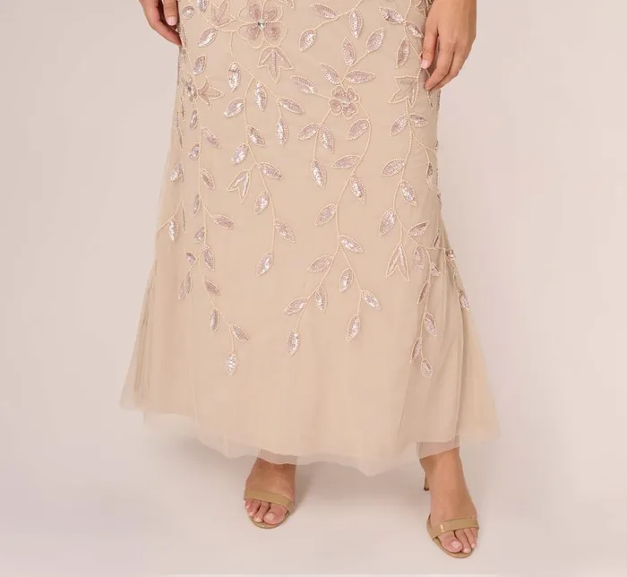 Adrianna Papell Formal Dresses Plus Size Illusion Floral Beaded Gown With Sheer Long Sleeves In Latte 8211 Women