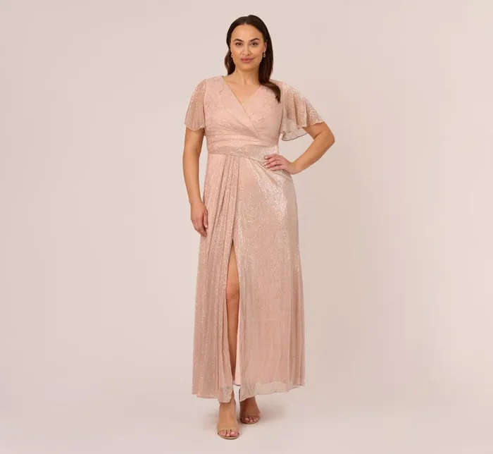 Adrianna Papell Formal Dresses Plus Size Metallic Mesh Draped Gown In Rose Gold 8211 Women