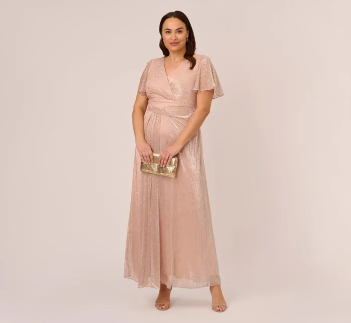 Adrianna Papell Formal Dresses Plus Size Metallic Mesh Draped Gown In Rose Gold 8211 Women