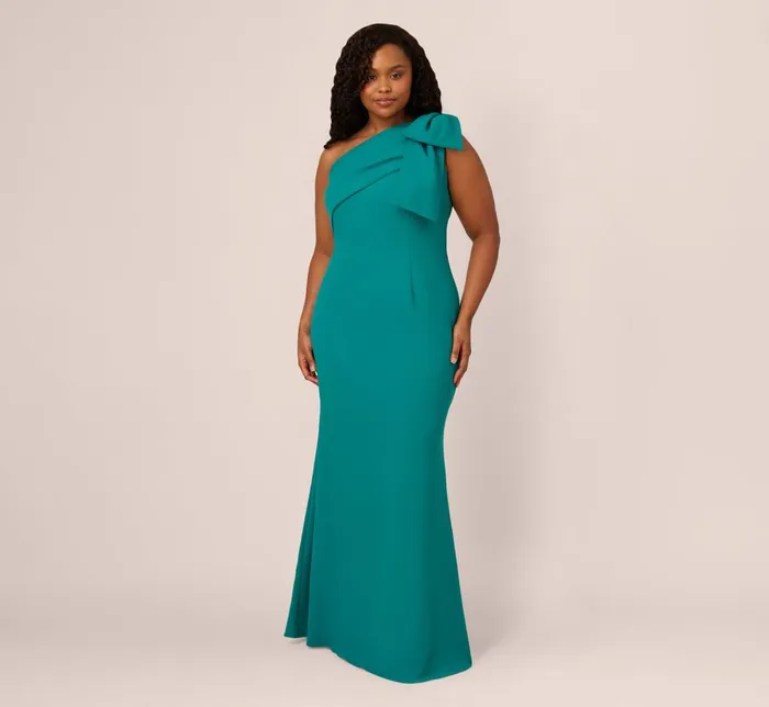 Adrianna Papell Formal Dresses Plus Size Stretch Crepe One Shoulder Mermaid Gown With Bow Accent In Tempo Teal 8211 Women Adrianna Papell Formal Dresses Plus Size Stretch Crepe One Shoulder Mermaid Gown With Bow Accent In Tempo Teal 8211 Women