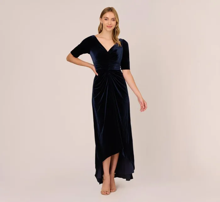 Adrianna Papell Formal Dresses Shirred Velvet Gown With ElbowLength Sleeves In Midnight 8211 Women Adrianna Papell Formal Dresses Shirred Velvet Gown With ElbowLength Sleeves In Midnight 8211 Women
