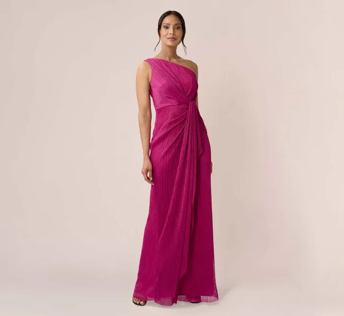 Adrianna Papell Formal Dresses Stardust Pleated Draped One Shoulder Gown In Magenta 8211 Women