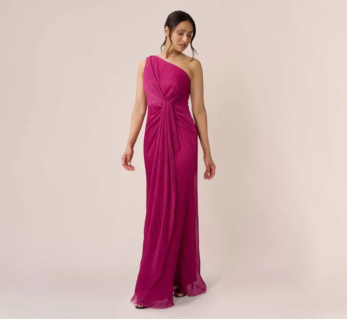 Adrianna Papell Formal Dresses Stardust Pleated Draped One Shoulder Gown In Magenta 8211 Women