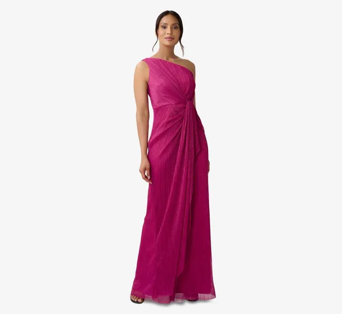 Adrianna Papell Formal Dresses Stardust Pleated Draped One Shoulder Gown In Magenta 8211 Women