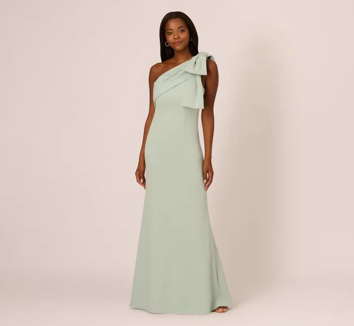Adrianna Papell Formal Dresses Stretch Crepe One Shoulder Mermaid Gown With Bow Accent In Icy Sage 8211 Women Adrianna Papell Formal Dresses Stretch Crepe One Shoulder Mermaid Gown With Bow Accent In Icy Sage 8211 Women