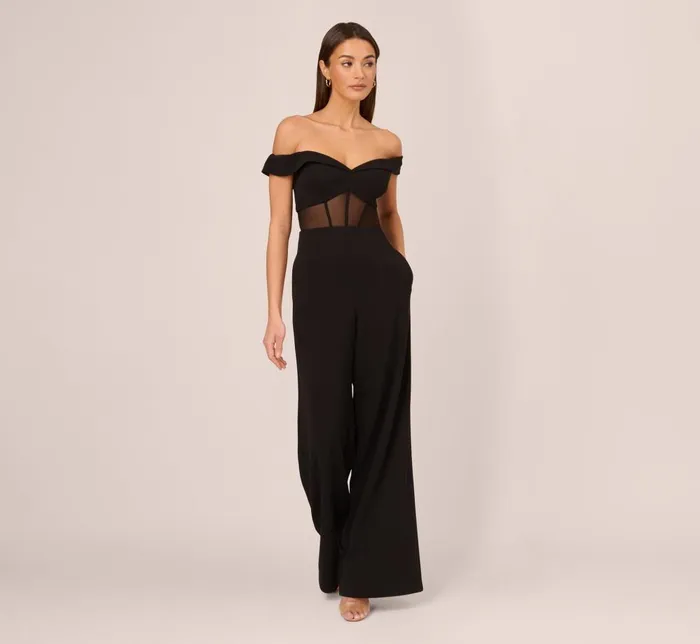 Adrianna Papell Jumpsuits Off The Shoulder Jumpsuit With Sheer Corset Bodice In Black 8211 Women