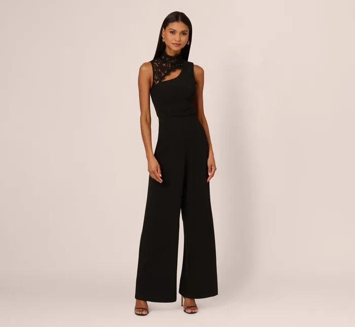 Adrianna Papell Jumpsuits Sleeveless Wide Leg Jumpsuit With Lace Neckline In Black 8211 Women
