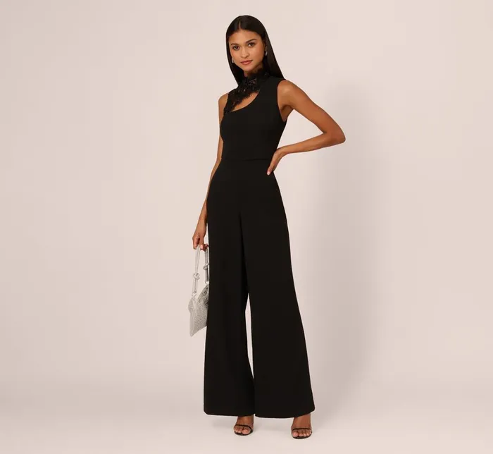 Adrianna Papell Jumpsuits Sleeveless Wide Leg Jumpsuit With Lace Neckline In Black 8211 Women