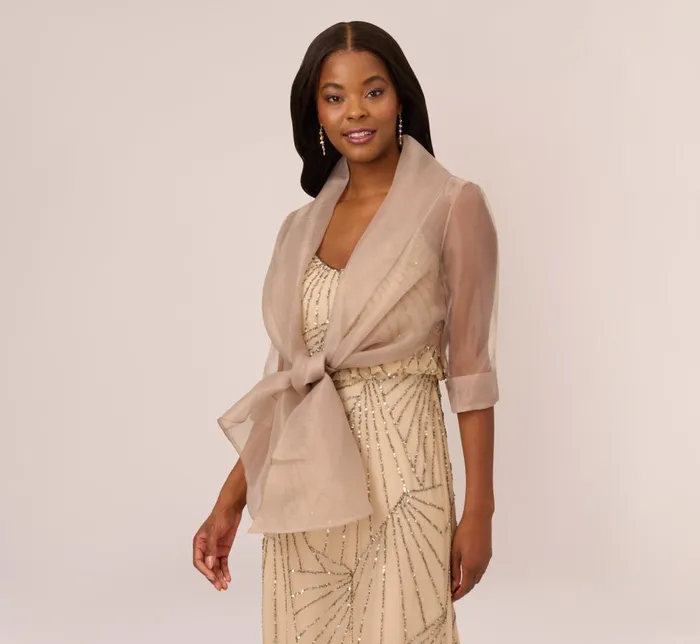 Adrianna Papell Shawls and Wraps Organza Wrap Jacket With Short Sleeves In Champagne 8211 Women