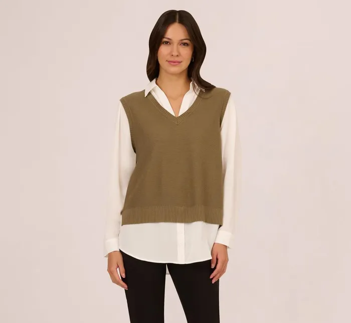 Adrianna Papell Sweaters Sweater Vest Collared Twofer Shirt In Smokey Olive Ivory 8211 Women