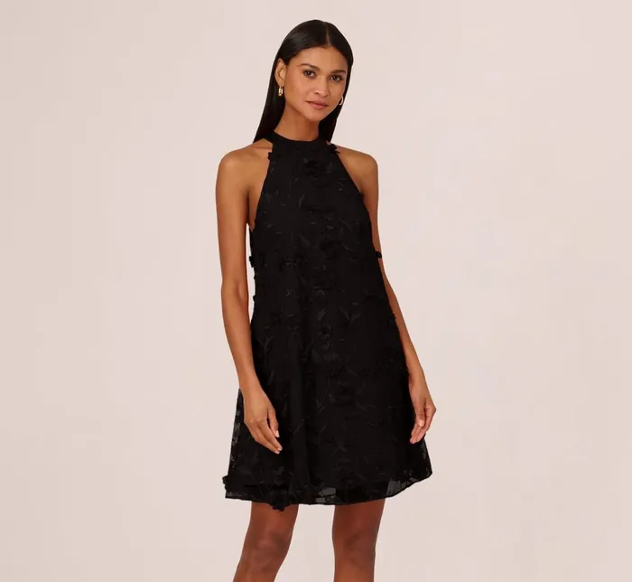 Adrianna Papell Wedding Guest Dresses 3d Floral Embroidered Trapeze Dress With Open Bow Back In Black 8211 Women