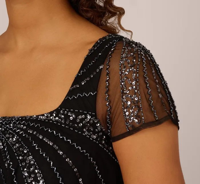 Adrianna Papell Wedding Guest Dresses Beaded Popover Dress With Sheer Cap Sleeves In Black Gunmetal 8211 Women