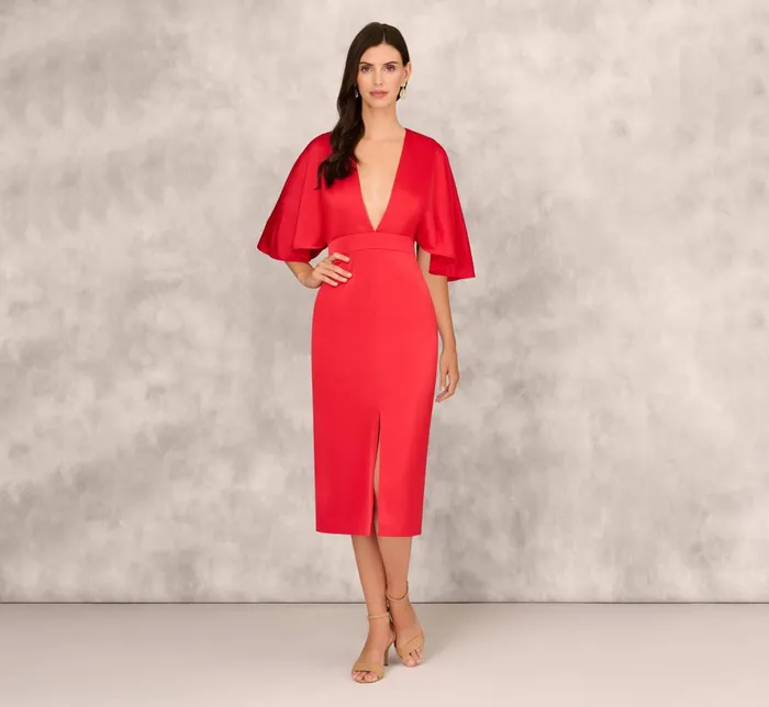 Adrianna Papell Wedding Guest Dresses Crepe Back Satin Midi Dress With Flutter Sleeves In Chateau Red 8211 Women Adrianna Papell Wedding Guest Dresses Crepe Back Satin Midi Dress With Flutter Sleeves In Chateau Red 8211 Women