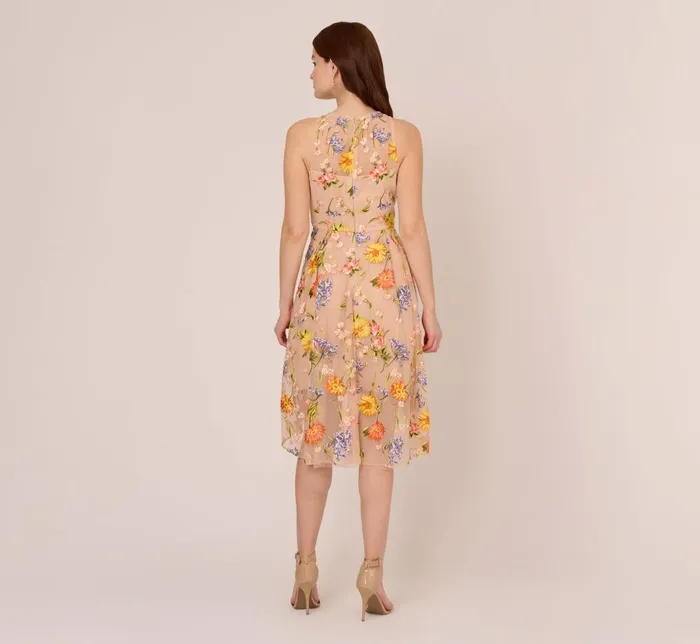 Adrianna Papell Wedding Guest Dresses Floral Embroidered Sleeveless Midi Dress With High Low Skirt In Yellow Orange Multi 8211 Women
