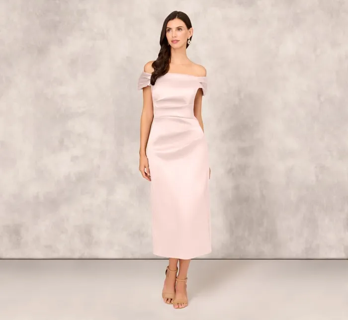 Adrianna Papell Wedding Guest Dresses Off The Shoulder Mikado Midi Dress With Pleat Details In Pale Blush 8211 Women Adrianna Papell Wedding Guest Dresses Off The Shoulder Mikado Midi Dress With Pleat Details In Pale Blush 8211 Women