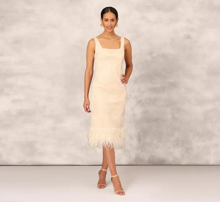 Adrianna Papell Wedding Guest Dresses Sequined And Embroidered MidiLength Sheath Cocktail Dress With Feather Trim In Champagne 8211 Women Adrianna Papell Wedding Guest Dresses Sequined And Embroidered MidiLength Sheath Cocktail Dress With Feather Trim In Champagne 8211 Women