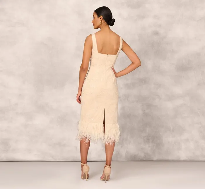 Adrianna Papell Wedding Guest Dresses Sequined And Embroidered MidiLength Sheath Cocktail Dress With Feather Trim In Champagne 8211 Women
