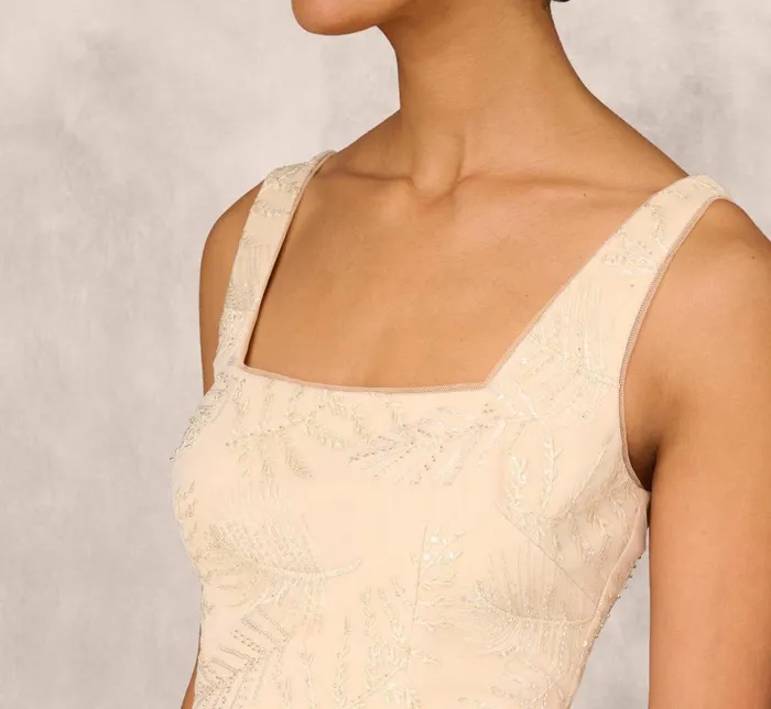 Adrianna Papell Wedding Guest Dresses Sequined And Embroidered MidiLength Sheath Cocktail Dress With Feather Trim In Champagne 8211 Women