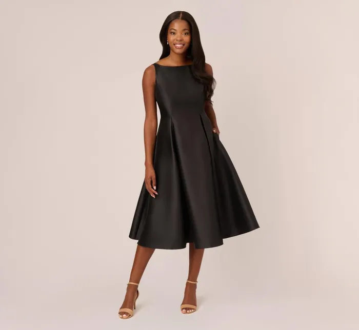 Adrianna Papell Wedding Guest Dresses Sleeveless Mikado Fit And Flare Midi Dress With VBack In Black 8211 Women