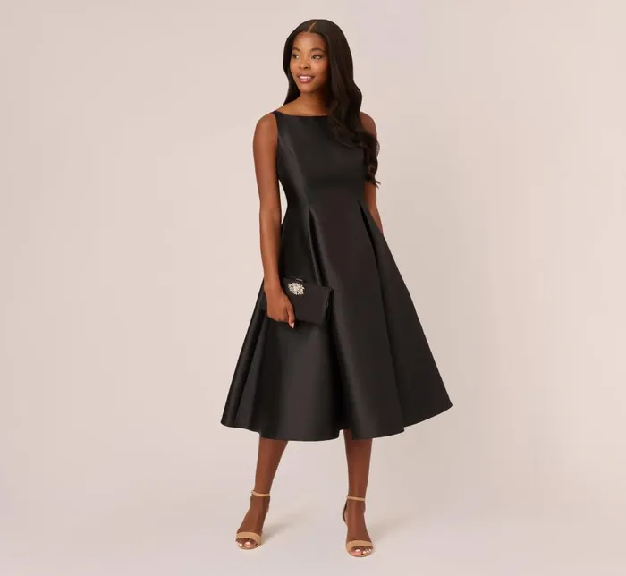 Adrianna Papell Wedding Guest Dresses Sleeveless Mikado Fit And Flare Midi Dress With VBack In Black 8211 Women
