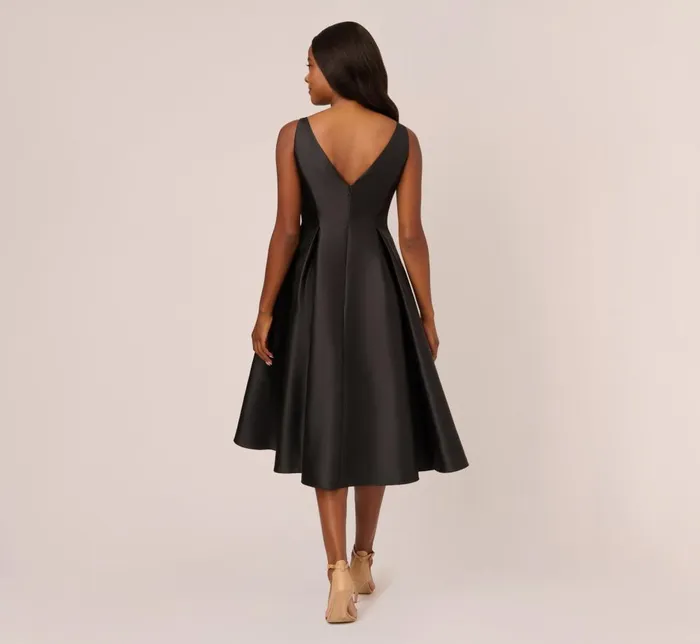 Adrianna Papell Wedding Guest Dresses Sleeveless Mikado Fit And Flare Midi Dress With VBack In Black 8211 Women