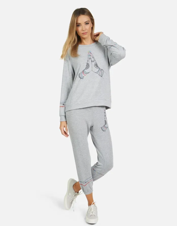Alana Prayer Hands Heather Grey Women039s Lauren Moshi Crop Sweatpants